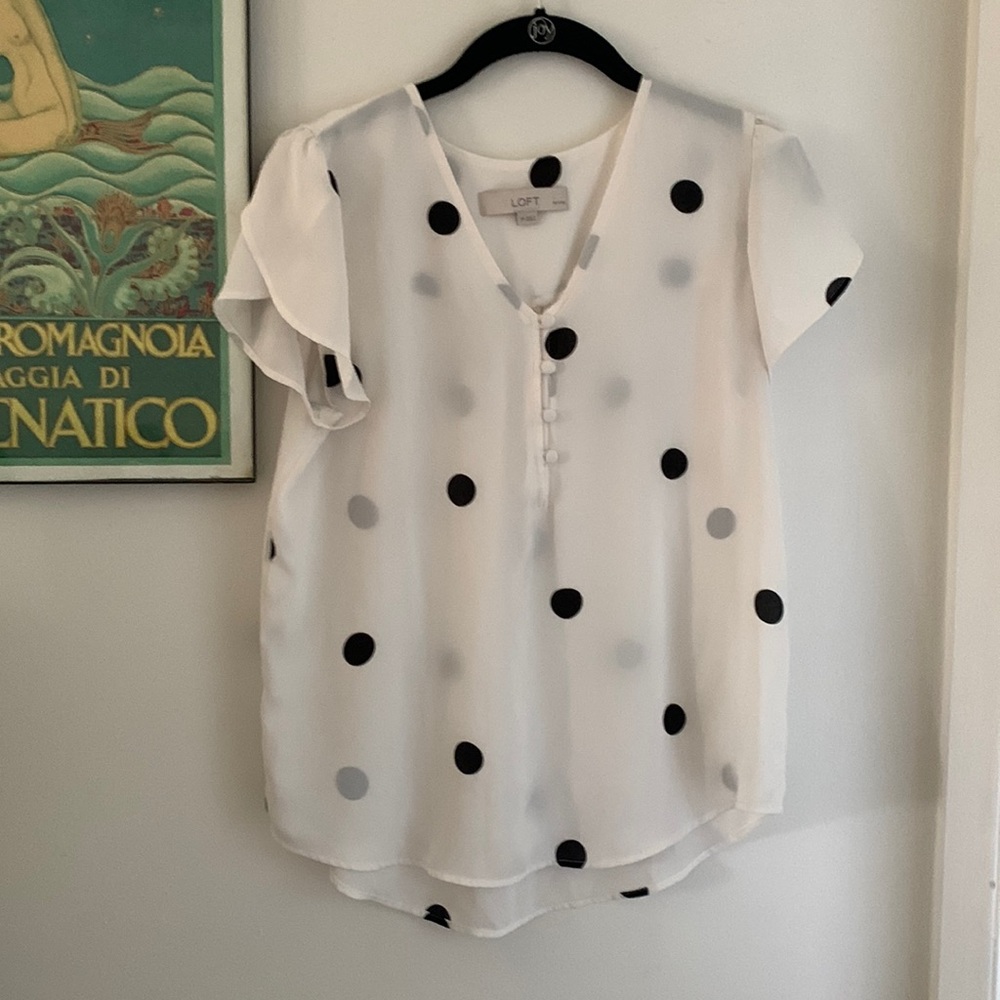 Black and white polka dot blouse size small petite. Loft